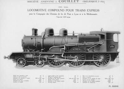 <b>Locomotive compound pour trains express</b><br> pour la Compagnie des Chemins de fer de Paris à Lyon et à la Méditerranée<br>Voie de 1435 m/m 